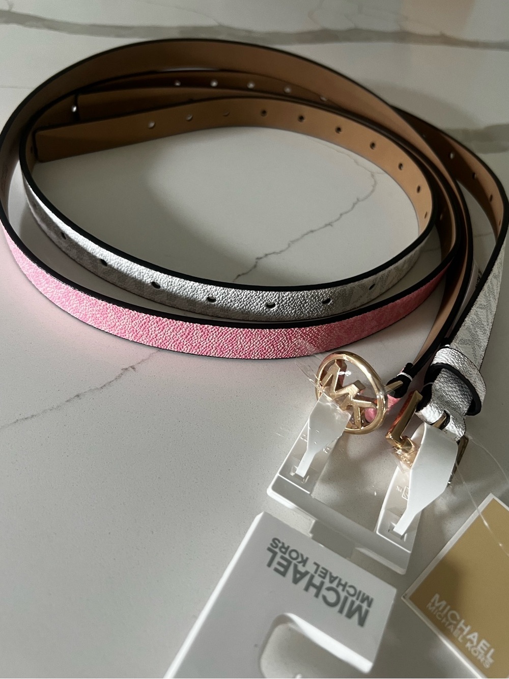 Michael Michael Kors NWT 2 Belt Set XL Pink White MK Logo Gold Tone Buckles